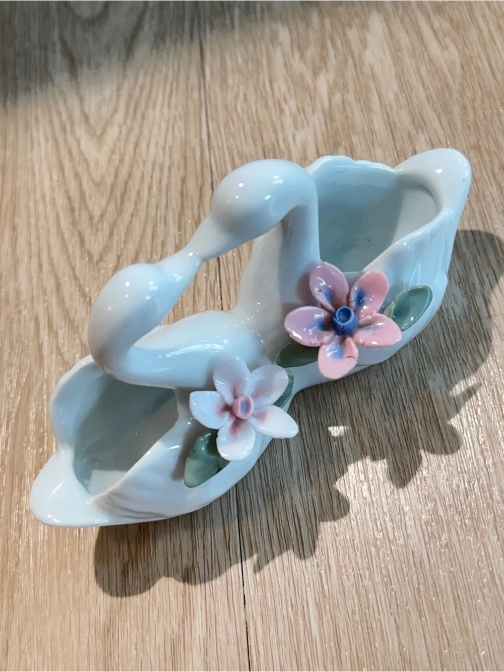 Vintage Porcelain Two Swans and Flowers Decorative Small Planter, Trinket Dish